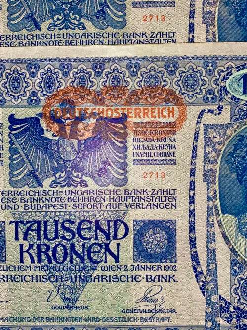 AUSTRIA 1000 KRONEN -- CLOSE IN SEQUENCE 37197 & 37199 -- STAMPED DEUTSCHES REICH--1902 BIG NOTE