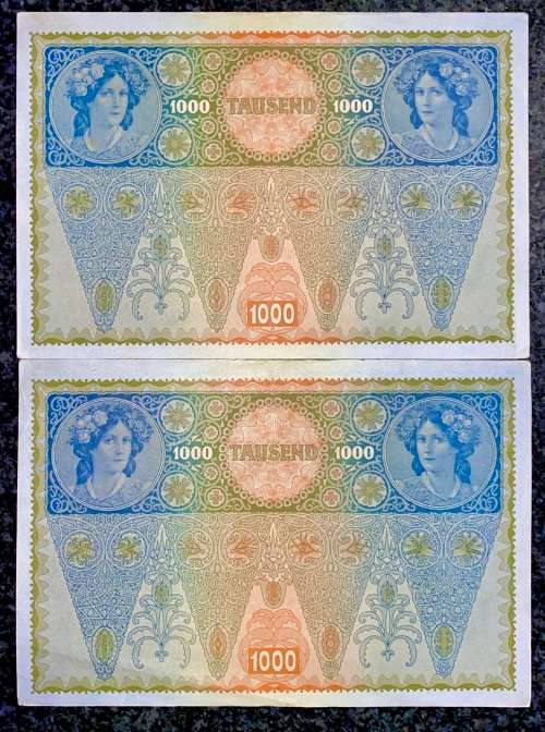 AUSTRIA 1000 KRONEN -- CLOSE IN SEQUENCE 37197 & 37199 -- STAMPED DEUTSCHES REICH--1902 BIG NOTE