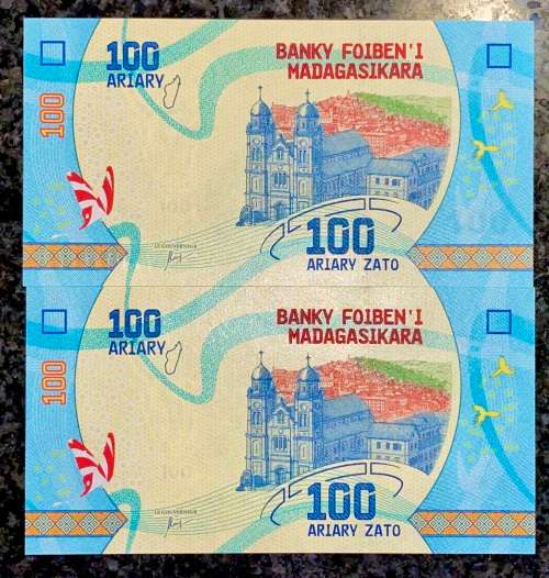 MADAGASCAR 100 AVIARY/FRANC IN SEQUENCE F70116852-851 CRISP UNC 2017(1 BID TAKES ALL)