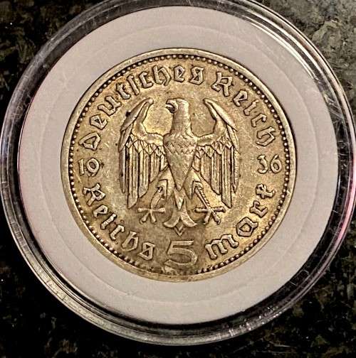 GERMANY SILVER 5 MARK BERLIN MINT 1936 SILVER 90% IN CAPSULE