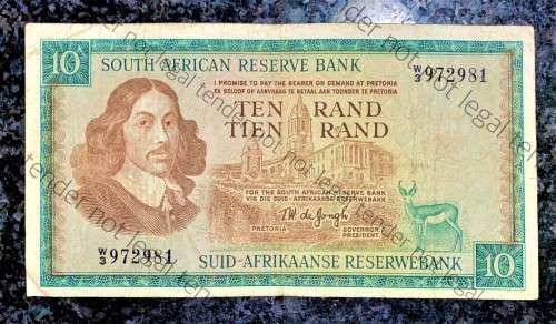 REPLACEMENT NOTE TW DE JONGH R10 -- W3 -- SPRINGBUCK WTM 1ST ISSUE 1967