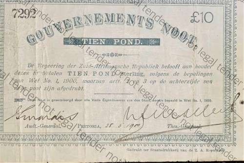 Z.A.R PRETORIA 10 POUND GOVERNMENT NOOT 28-05-1900 - 7292 (MISSING NO.) SPADE BORDER  Z.A. REPUBLIEK