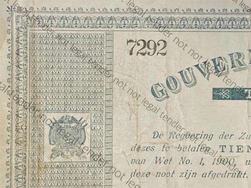 Z.A.R PRETORIA 10 POUND GOVERNMENT NOOT 28-05-1900 - 7292 (MISSING NO.) SPADE BORDER  Z.A. REPUBLIEK