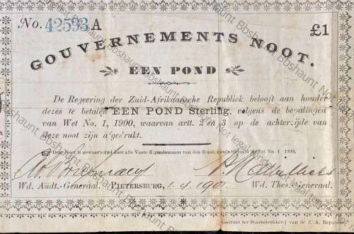 Z.A.R PIETERSBURG 1 POUND GOVERNMENT NOOT 01-04-1901 PRINTED BY ZAR - DE WACHTER NEWSPAPER