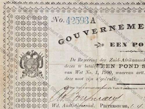 Z.A.R PIETERSBURG 1 POUND GOVERNMENT NOOT 01-04-1901 PRINTED BY ZAR - DE WACHTER NEWSPAPER