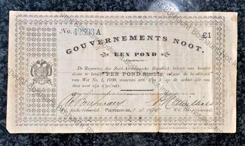 Z.A.R PIETERSBURG 1 POUND GOVERNMENT NOOT 01-04-1901 PRINTED BY ZAR - DE WACHTER NEWSPAPER