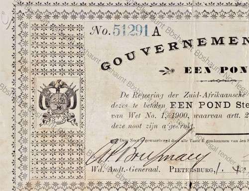 Z.A.R PIETERSBURG 1 POUND GOVERNMENT NOOT 01-04-1901 PRINTED BY ZAR - DE WACHTER NEWSPAPER