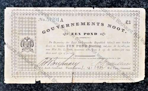 Z.A.R PIETERSBURG 1 POUND GOVERNMENT NOOT 01-04-1901 PRINTED BY ZAR - DE WACHTER NEWSPAPER