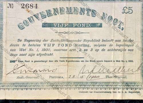 Z.A.R PRETORIA 5 POUND GOVERNMENT NOOT 28-05-1900 NO2684 STAR BORDER STATEPRINTER OF Z.A. REPUBLIEK