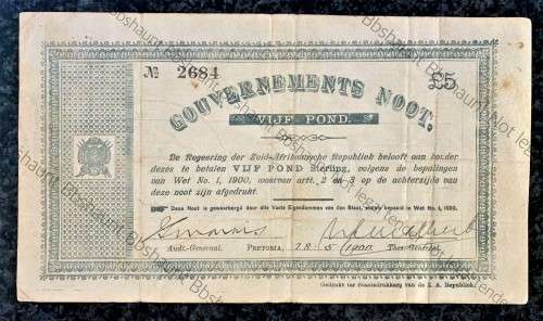 Z.A.R PRETORIA 5 POUND GOVERNMENT NOOT 28-05-1900 NO2684 STAR BORDER STATEPRINTER OF Z.A. REPUBLIEK