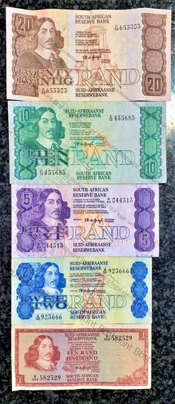 COMPLETE SET OF TW DE JONGH & DECIMALS R20 TO R2,,,1978---4TH ISSUE & R1 -1975 ( 1 BID TAKES ALL)