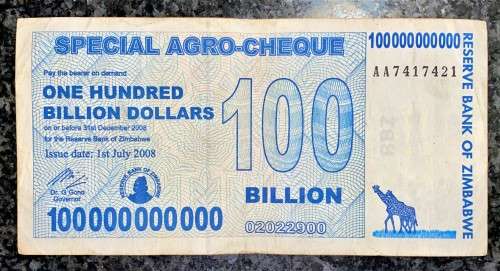 ZIMBABWE  100 BILLION DOLLARS AA 2008 ARGO CHEQUE