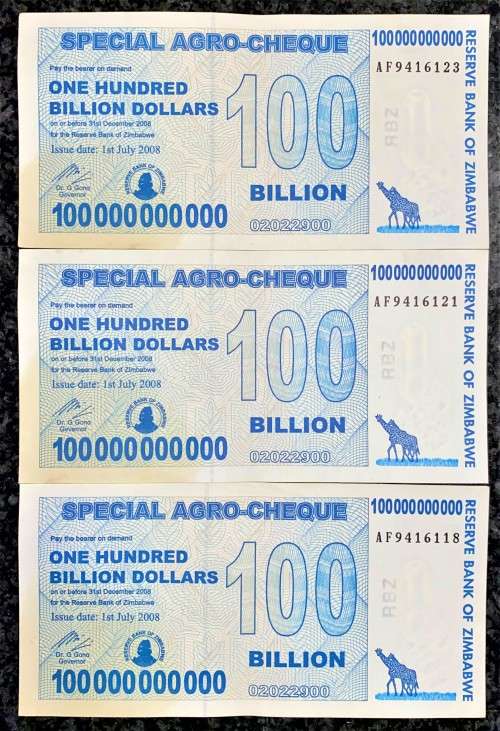 ZIMBABWE 100 BILLION DOLLARS CLOSE IN SEQUENCE AF0416123,121 & 118 2008 ARGO CHEQUE(1BID TAKES ALL)