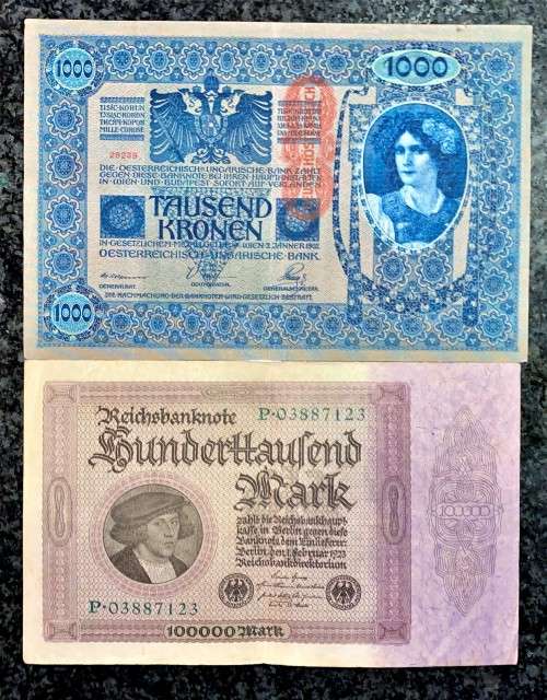 GERMANY 100,000 MARK 1923 & AUSTRIA 1000 KRONEN STAMPED DEUTSCHE REICH 1902 -121 YEARS OLD BIG NOTES