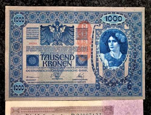 GERMANY 100,000 MARK 1923 & AUSTRIA 1000 KRONEN STAMPED DEUTSCHE REICH 1902 -121 YEARS OLD BIG NOTES