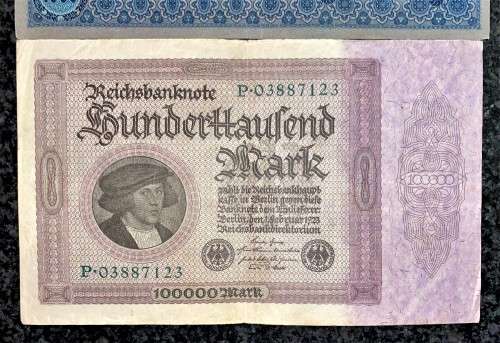 GERMANY 100,000 MARK 1923 & AUSTRIA 1000 KRONEN STAMPED DEUTSCHE REICH 1902 -121 YEARS OLD BIG NOTES
