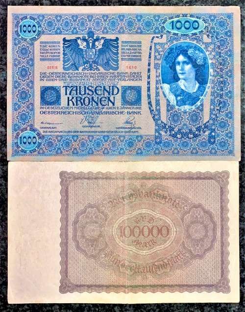 GERMANY 100,000 MARK 1923 & AUSTRIA 1000 KRONEN STAMPED DEUTSCHE REICH 1902 -121 YEARS OLD BIG NOTES