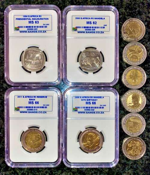 COMPLETE SET OF COMMEMORATIVE R5 COINS 1994 TO 2021 -- 4 GRADED COINS & HIGH GRADE CIRCULATED COINS