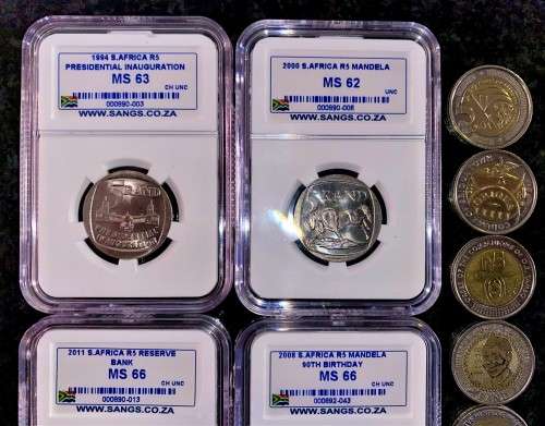 COMPLETE SET OF COMMEMORATIVE R5 COINS 1994 TO 2021 -- 4 GRADED COINS & HIGH GRADE CIRCULATED COINS