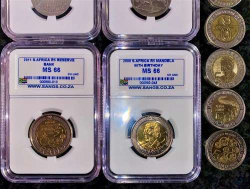 COMPLETE SET OF COMMEMORATIVE R5 COINS 1994 TO 2021 -- 4 GRADED COINS & HIGH GRADE CIRCULATED COINS