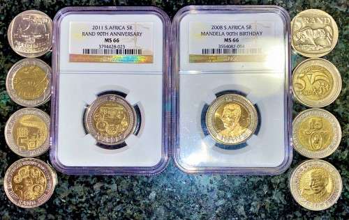 COMPLETE SET OF COMMEMORATIVE R5 COINS 1994 TO 2021 -- 2 GRADED COINS & HIGH GRADE CIRCULATED COINS