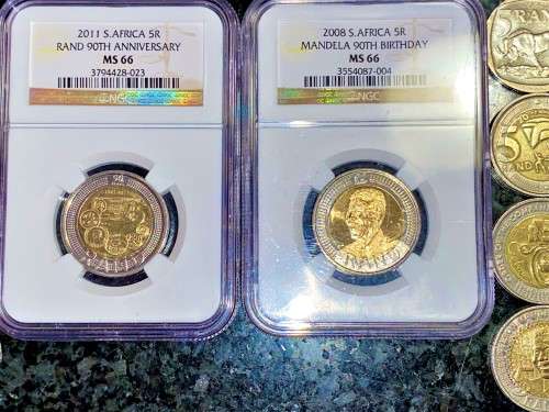 COMPLETE SET OF COMMEMORATIVE R5 COINS 1994 TO 2021 -- 2 GRADED COINS & HIGH GRADE CIRCULATED COINS