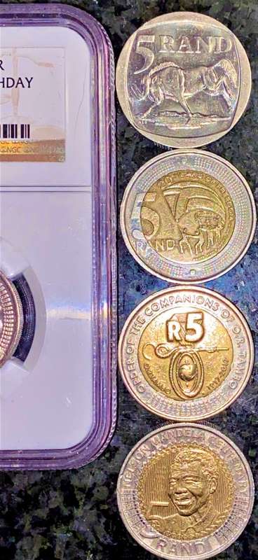 COMPLETE SET OF COMMEMORATIVE R5 COINS 1994 TO 2021 -- 2 GRADED COINS & HIGH GRADE CIRCULATED COINS