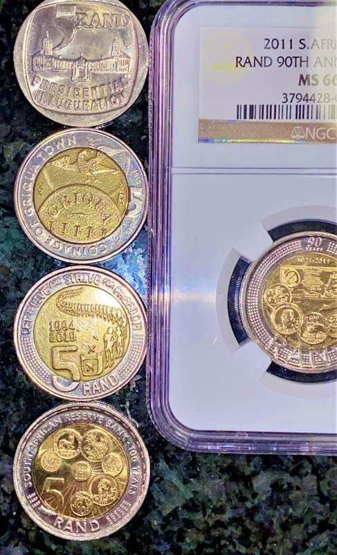 COMPLETE SET OF COMMEMORATIVE R5 COINS 1994 TO 2021 -- 2 GRADED COINS & HIGH GRADE CIRCULATED COINS