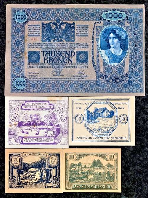 AUSTRIA SET 1000 KRONEN-STAMPED DEUTSCHES REICH-1902 BIG NOTE TO 10 HELLER 1920 SMALL NOTES
