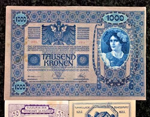 AUSTRIA SET 1000 KRONEN-STAMPED DEUTSCHES REICH-1902 BIG NOTE TO 10 HELLER 1920 SMALL NOTES