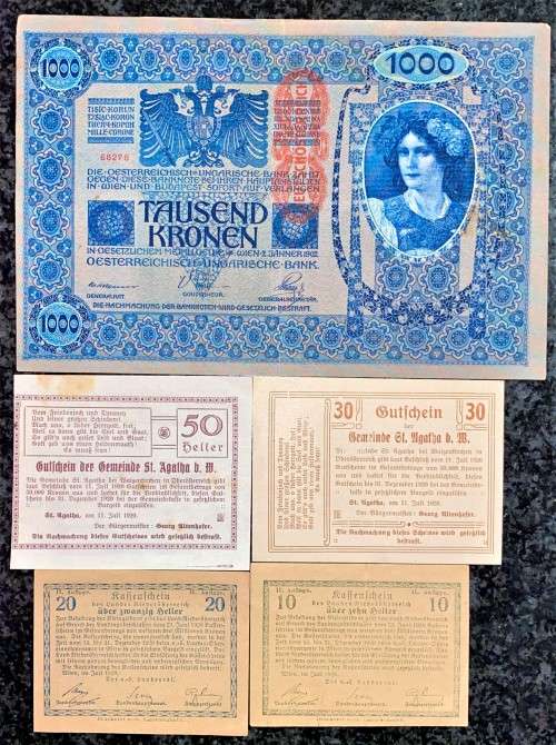 AUSTRIA SET 1000 KRONEN-STAMPED DEUTSCHES REICH-1902 BIG NOTE TO 10 HELLER 1920 SMALL NOTES