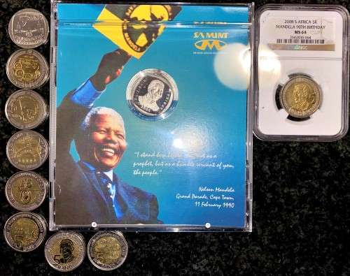 COMPLETE SET OF COMMEMORATIVE R5 --1994 TO 2021-- MANDELA 2000 PL - 2008 GRADED MS64 - 2011 UNC