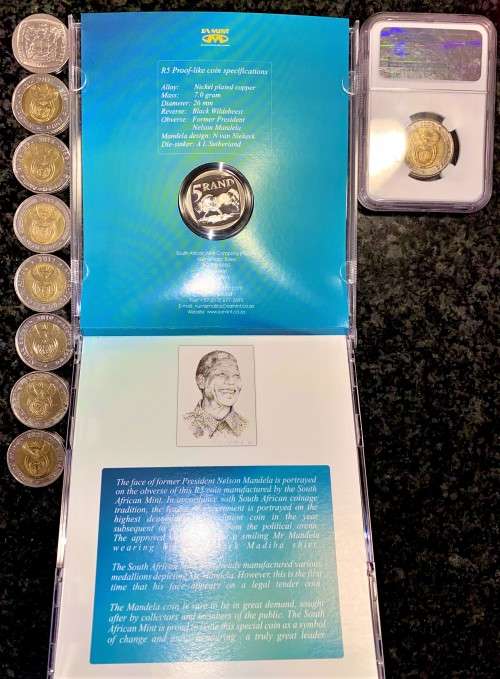 COMPLETE SET OF COMMEMORATIVE R5 --1994 TO 2021-- MANDELA 2000 PL - 2008 GRADED MS64 - 2011 UNC
