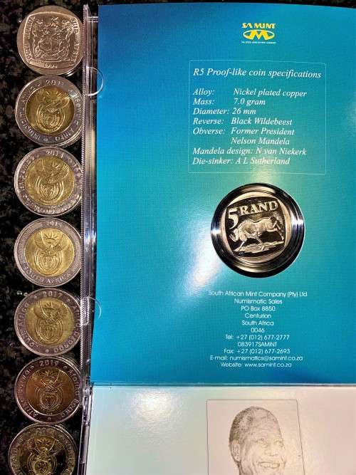 COMPLETE SET OF COMMEMORATIVE R5 --1994 TO 2021-- MANDELA 2000 PL - 2008 GRADED MS64 - 2011 UNC