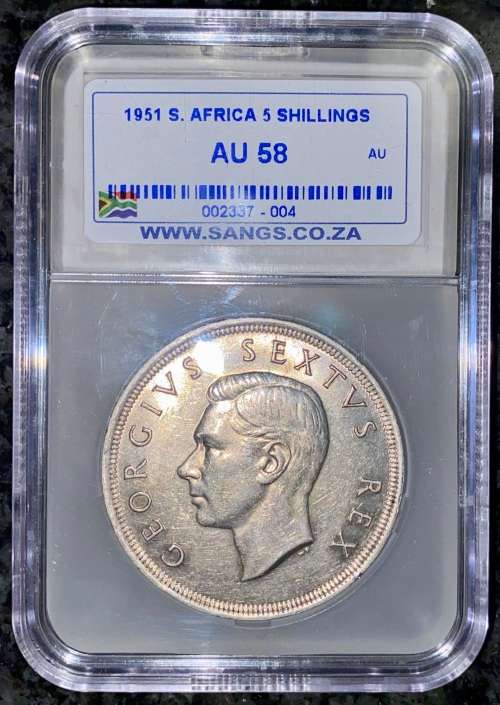S A UNION 5 SHILLINGS 1951 GRADED AU58 SILVER CROWN SANGS