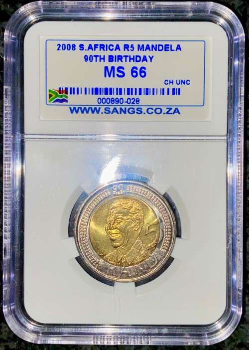 SOUTH AFRICA GRADED MS66 CHOICE UNC COMMEMORATIVE R5 MANDELAS 90TH BIRTHDAY 2008 SANGS