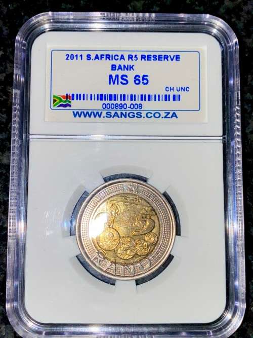 SOUTH AFRICA GRADED MS65 CHOICE UNC COMMEMORATIVE R5 SA RESERVE BANK 1921-2011 SANGS