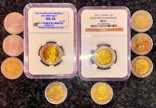 COMPLETE SET COMMEMORATIVE R5 COINS 1994 TO 2021--2 GRADED COIN MS66,MS61 GOOD COND CIRCULATED COINS