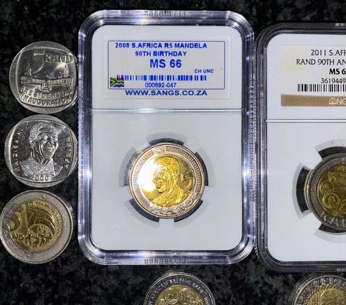 COMPLETE SET COMMEMORATIVE R5 COINS 1994 TO 2021--2 GRADED COIN MS66,MS61 GOOD COND CIRCULATED COINS