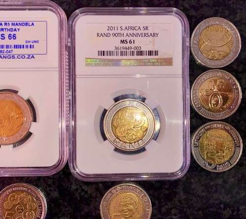 COMPLETE SET COMMEMORATIVE R5 COINS 1994 TO 2021--2 GRADED COIN MS66,MS61 GOOD COND CIRCULATED COINS
