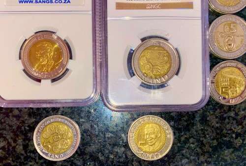 COMPLETE SET COMMEMORATIVE R5 COINS 1994 TO 2021--2 GRADED COIN MS66,MS61 GOOD COND CIRCULATED COINS