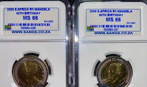 SOUTH AFRICA GRADED IN SEQ COMMEMORATIVE R5 MANDELAS 90TH BIRTHDAY GRADED MS66 CHOICE UNC SANGS