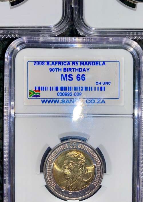 SOUTH AFRICA GRADED IN SEQ COMMEMORATIVE R5 MANDELAS 90TH BIRTHDAY GRADED MS66 CHOICE UNC SANGS