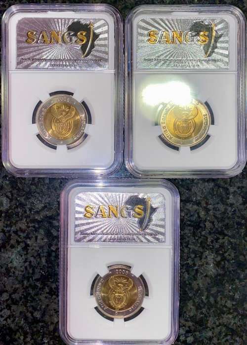 SOUTH AFRICA GRADED IN SEQ COMMEMORATIVE R5 MANDELAS 90TH BIRTHDAY GRADED MS66 CHOICE UNC SANGS