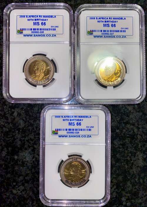 SOUTH AFRICA GRADED IN SEQ COMMEMORATIVE R5 MANDELAS 90TH BIRTHDAY GRADED MS66 CHOICE UNC SANGS