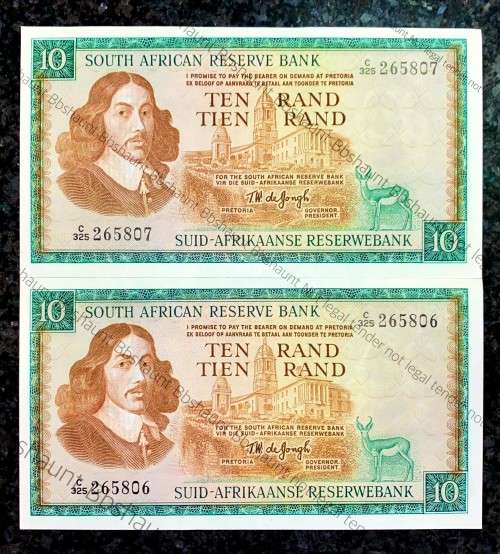TW DE JONGH R10 IN SEQUENCE C325 /265807-806 UNC 3RD ISSUE 1975 E/A VAN RIEBEECK WTM(1 BID TAKES ALL