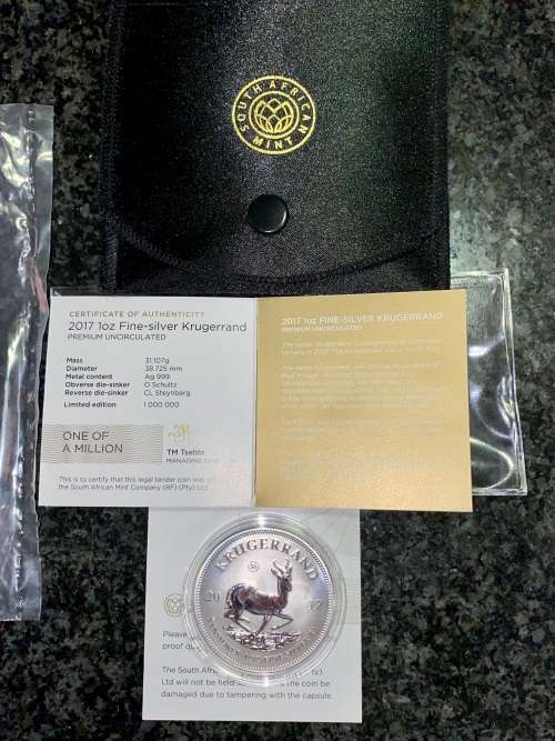SOUTH AFRICA PREMIUM UNC SILVER KRUGERRAND -- 2017 -- 1OZ - SA MINT POUCH - COA - NEW UNTOUCHED