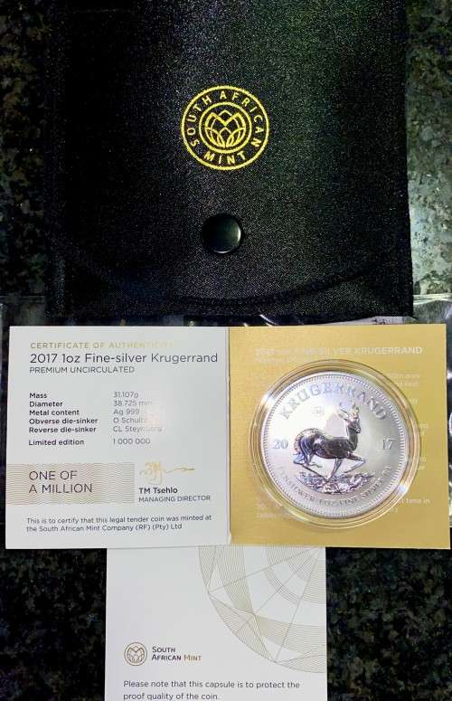 SOUTH AFRICA PREMIUM UNC SILVER KRUGERRAND -- 2017 -- 1OZ - SA MINT POUCH - COA - NEW UNTOUCHED