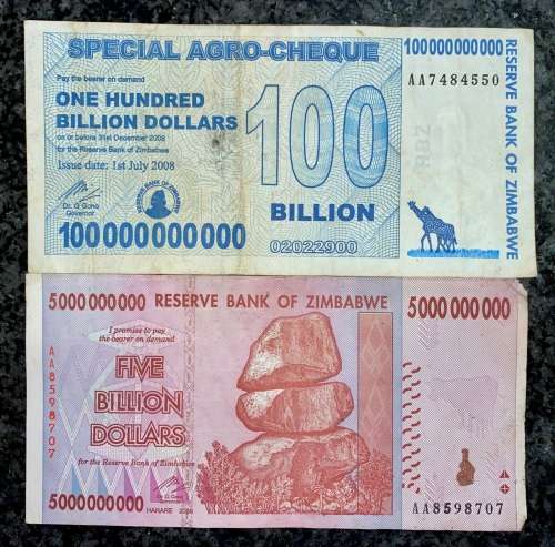 ZIMBABWE SET 100 BILLION DOLLARS 2008 & 5 BILLION DOLLAR 2007 UNC(1 BID TAKES ALL)