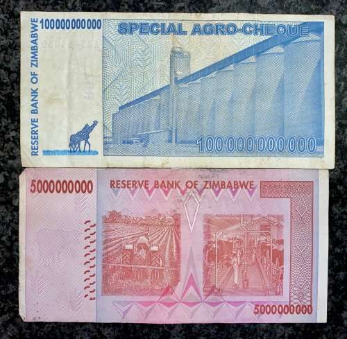 ZIMBABWE SET 100 BILLION DOLLARS 2008 & 5 BILLION DOLLAR 2007 UNC(1 BID TAKES ALL)